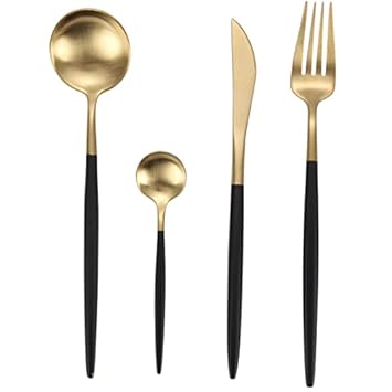 Aatwik Stainless Steel Reusable Nordic Grey Gold Flatware Cutlery Set with Square Edge for Kitchen Ideal for Daily Use(Set of 16)