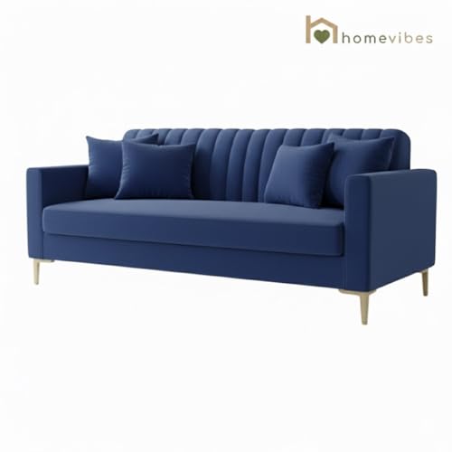 Image of 3 Seater Velum Fabric Sofa Set for Living Room, Modern Design with High Density Foam, Solid Wood Frame, Ergonomic Comfortable Seating for Home & Office (Blue, 3 Seater) | Soft foam comfort