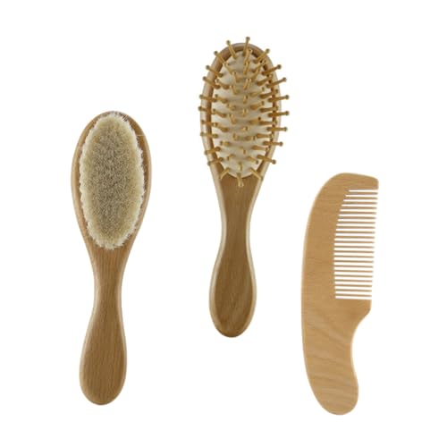 FUNOMOCYA 3 piezas Cepillo para Niña con Mango de Bambú Cepillo de Lana Suave y Peine Cuidado Delicado para Baño y Cabello Regalo para Recién Nacido