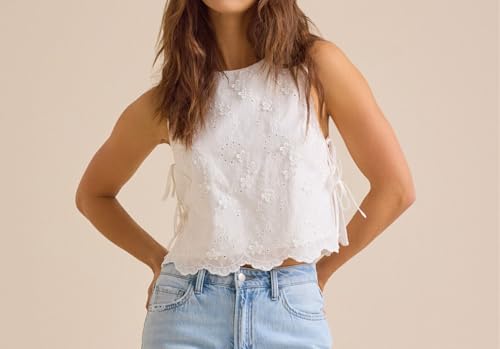 Women Boxy Crop Tops Sleeveless Side Tie Tank Top Embroidery Flower Vest Y2k Summer Going Out Aesthetci Cami Shirt4