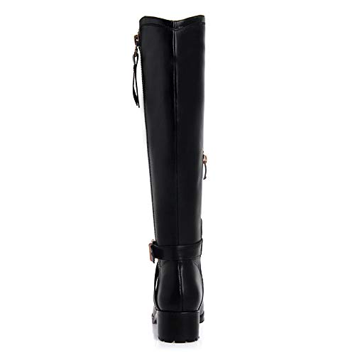Tinacus Women'S Genuine Leather Handmade Round Toe Side Zip Up Low Chunky Heel Black Knee High Boots With Stylish Buckle thumb #2