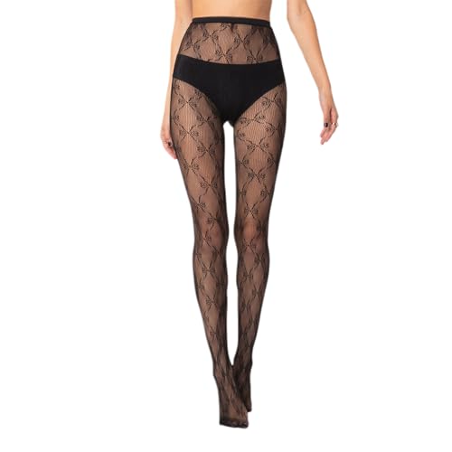 Luckinbaby Women Lace Patterned Tights Fishnet See Through Pantyhose Leggings Sexy Vintage Mesh Stockings(Bow Black One Size)