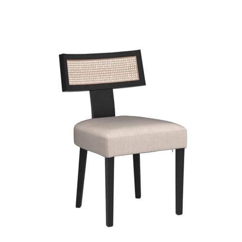 Image of HNY Mid Century Modern Rattan Dining Chairs Set of 4, Farmhouse Linen Upholstered Accent Chair Curved Backrest Kitchen Chairs, with Black Hardwood Frame, Beige