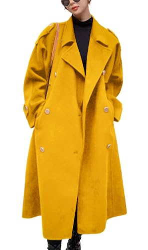 chouyatou Women's Winter Double Breasted Midi Long Wool Pea Coat Notch Lapel Winter Trench Coat (Medium, Yellow)