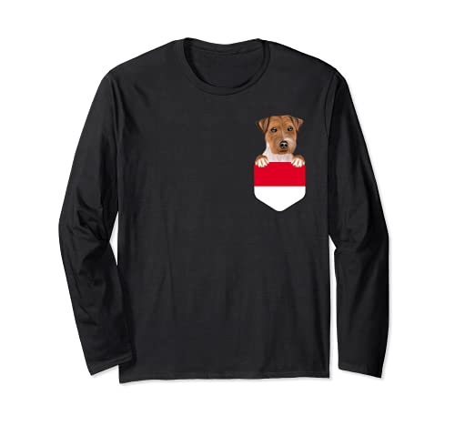 Indonesia Flag Russell Terrier Dog In Pocket Long Sleeve T-Shirt, Black