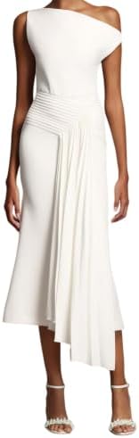 White Chic Oblique Shoulder Sleeveless Pleated Cocktail Dress for Women Maxi Elegant Design Irregular Hem Party Dress image 5