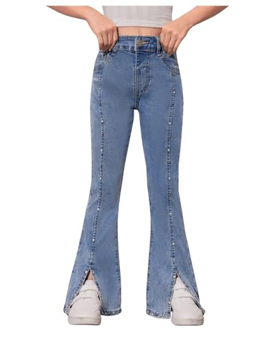 Floerns Girl's Split Hem Flare Leg Denim Pants Pearl Beaded Bell Bottom Jeans