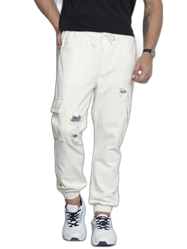 Image of The Indian Garage Co Men Regular Fit Solid Mid-Rise Stretchable Denim Cargo Joggers