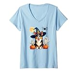 Photo Gallery donna halloween black and tan corgi dog, strega, cappello da mago maglietta con collo a v Photo Gallery donna halloween black and tan corgi dog, strega, cappello da mago maglietta con collo a v