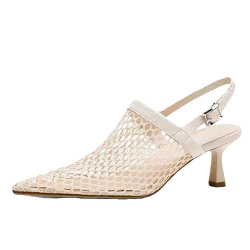 Women'S Mesh Hollow Out Kitten Heel Sandals with Adjustable Ankle Strap Sexy Closed Pointed Toe Slingback Low Heel Pumps Wedding Work Dress Shoes