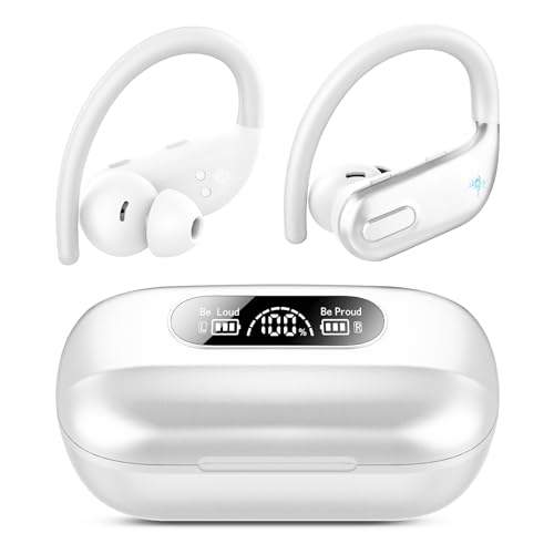 Wireless Earbuds, Bluetooth 5.3 Headphones Wireless with 4 ENC Noise Canceling Mic, 80Hrs LED Display Over Ear buds with Earhooks, Deep Bass Wireless Earphones, IPX7 Waterproof for Sport(White)