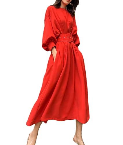 Women Vintage Elegant Bright Red Party Dinner Dresses with Belt