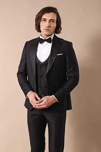 Costume de mariage noir 3 pièces smoking avec revers satin - 2