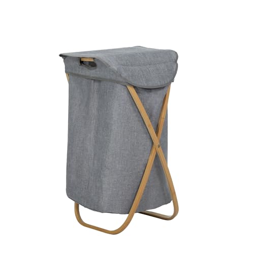 BRINDEK Cesto ropa sucia de bambú y tela gris con tapa | Bolsa extraíble con asas | Cubo para ropa sucia plegable tipo tijera | Diseño japonés ligero y resistente | 46x36x70 cm | 80 L aprox.