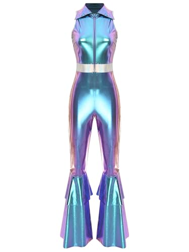 Combinaison disco évasée stretch costume années 70 femme métallique sans manches