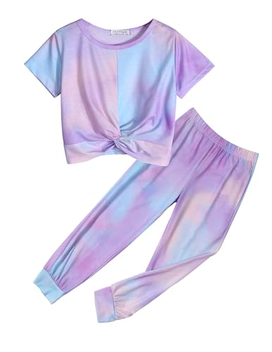 Image of Flypigs Girls Clothing Sets Tie Dye 2 Piece Outfits Short Sleeve Twist Front Tops and Sweatpants Sportswear Tracksuits