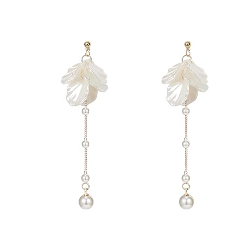 Seashell Pearl Flower Dangle Earrings for Women - Elegant Double Layer White Freshwater Pearl Bridal Jewelry, Lightweight Sparkly Golden Stud Drop Earrings for Wedding/Beach/Summer Party