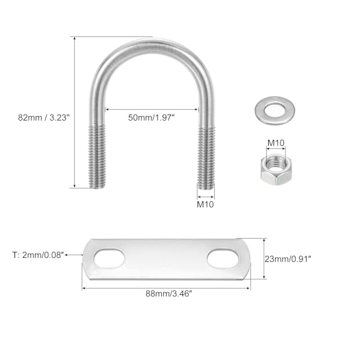 Image of uxcell Round U-Bolts, 4 Sets 50mm(1.97 inch) Inner Width 82mm Length M10 304 Stainless Steel U Clamp Bolt with Nuts and Plates, for Boat Trailer