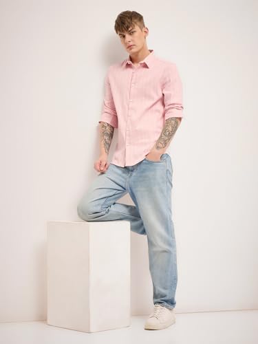 Image of THE BEAR HOUSE Men Spread Collar Vertical Striped Cotton Slim Fit Casual Shirt