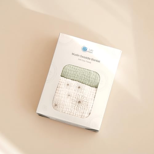 Image of lulumoon Muslin Swaddle Blankets for Baby: Cotton & Soft Receiving Blanket for Newborn with Flower Printed- Neutral Gift for Baby Shower 2pack(GreenDaisy)