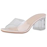 VAN HILL Damen Sandaletten Pantoletten Lack Schuhe Blockabsatz Transparente Kunststoff Freizeitsandaletten 202656 Nude Lack 37