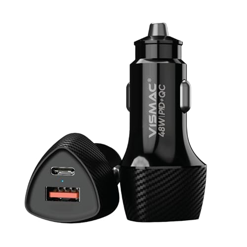 Image of Vismac 48W PD & QC Fast Car Charger | Dual Port USB-A & Type-C | Carbon Fiber Design | Smart LED Indicator | Quick Charge with Over Voltage, Temperature & Current Protection