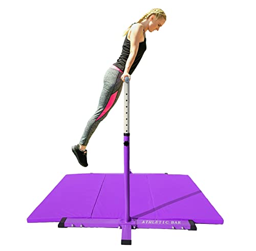 Athletic Bar Gymnastics Training Bar with 6'x4' Tumble Gymnastics Mat Set, Height Adjustable 3 to 5 FT Horizontal Kip Bar for Kids Junior Gymnast, Expandable Gymnastic Bar Home Gym Equipment Purple