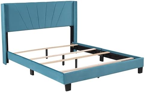 Miniatura 4 de Marco de cama tapizado de terciopelo Queen con cabecera y soporte de listones de madera, marco de cama tamaño Queen, marco de cama moderno Cama