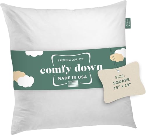 ComfyDown 19x19 Throw Pillow Insert Down & Feather Fill 100% Cotton Cover Made in USA Premium Soft Decorative Pillow Form Sham Stuffer for Bed Sofa & Couch
