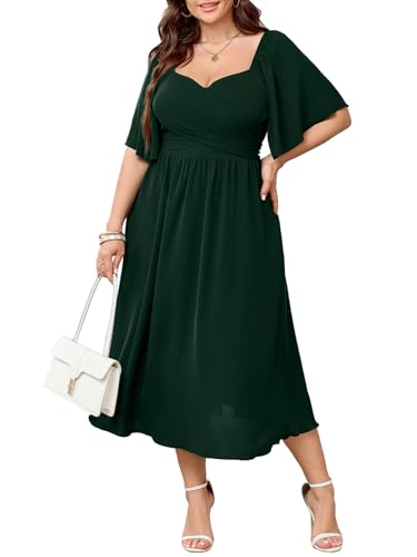 Image of SHESTARR Women's Plus Size Midi Dress Sweetheart Neck Short Sleeve Wedding Guest Cocktail A Line Flowy Dress
