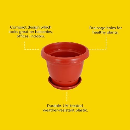 Image of Plant Pots | Plant pot with Bottom Tray | Plant Pots for Home | Pots for plants | Flower pots for Indoor & Outdoor | Plastic Pots with plates| 5 pieces , 12 inches , Red | With mark for Drainage Hole