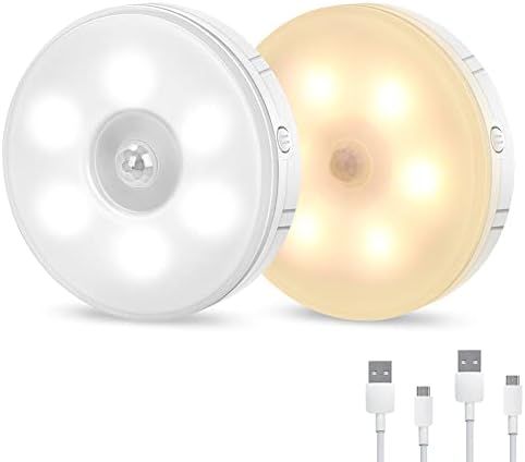 Tailcas Motion Sensor Lights Indoor, Two-Color Upgrade (Cold White/Warm White), USB Rechargeable LED Night Light with Auto/On/Off Modes, with Removable Magnet Sheet Stick-On Cupboard Lights, 2 Pack