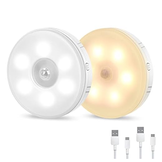 Lampe Detecteur de Mouvement Interieur, Veilleuse Led, Rechargeable par USB Lampe Sans Fil, 3 Couleurs et 4 Modes, pour Escalier, Placard, Couloir, Armoire, Placard, Cuisine, Chambre, Lot de 2