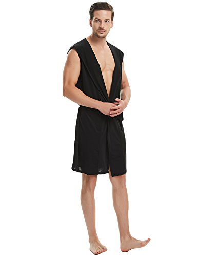 Haseil Men's Silk Kimono Bathrobe Hooded Sleeveless Open Front Sleepwear Pajamas, Black, Tagsizexl=Ussizel #TOP5