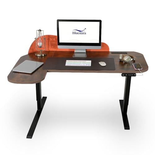 Bluenara Escritorio eléctrico de altura ajustable con divisor USB-C y naranja, 150 x 68 cm, escritorio de pie con indicador LED, mesa de altura ajustable para oficina en casa, color marrón