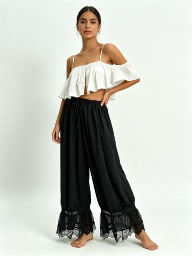 Image of UAURORAO Women Lace Trim Bloomer Pants Flowy Culottes Pantaloons Bloomers