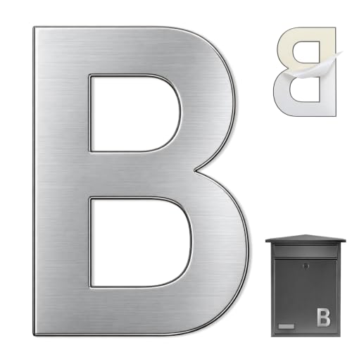 Letra B casa, Placa B para puerta de piso, buzón, pared, Letra B para casa, Acero inoxidable 304, 75 mm alto x 47 mm ancho, Adhesivo, Color Plateado