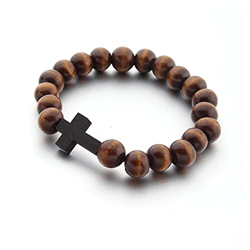Forubus Wooden Cross Wood Beaded Bracelet For Women Men Religious Christian Jewelry Pray Baptism-Dark cover