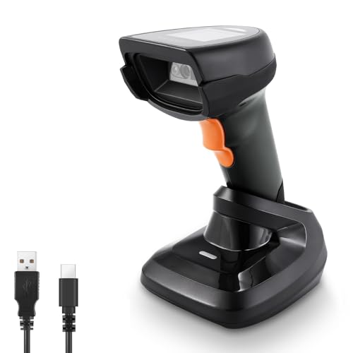 JRHC 2D Wireless Barcode Scanner, Automatic Bar Code Reader with 1.8 Inch Display Screen, Rechargeable Handheld Barcode Reader with 2.4G Wireless Dongle Built in Base, Plug and Play