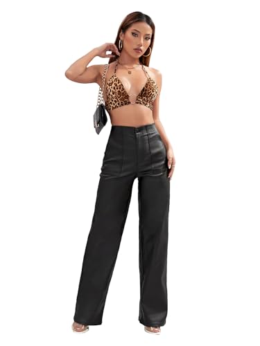 Lover Premium Faux Leather Pants High Waist Coated PU Button Straight Leather Black Leggings Wide Leg Pants with Pockets