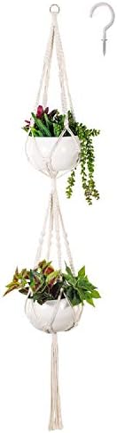 Soonow 2 Tier Macrame Plant Hanger, Double Hanging Planter for Indoor Plants with Hook Home Decor - Cotton Rope, 59 Inches
