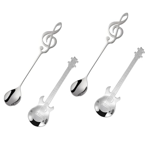 4 Pièces Guitare Cuillères à Café Notes de Musique en Acier Inoxydable Longue Poignée Cuillères pour Desserts au Café au Lait
