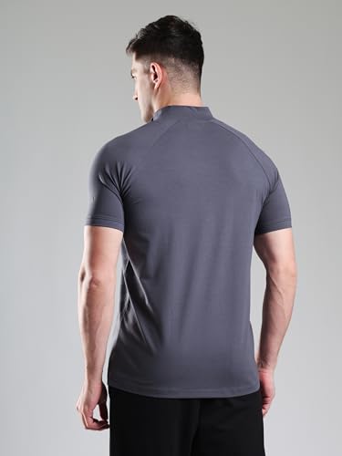 Image of GROW Stylish Aeroflex Zip T Shirt for Men Workout | Cotton and Spandex Quarter Zip Back Printed Collar T-Shirts for Men Half Sleeves