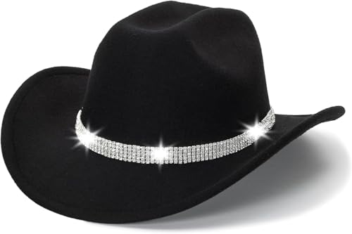 Sparkly Rhinestone-Cowboy Hat for Women - Black-Glitter Western-Cowgirl Hat with Diamond Band for Ladies Party Costume-Accessory