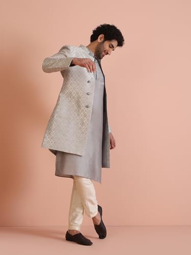Kisah Men's Kurta Indo-Western Sherwani Trouser Set, Grey Silk Blend, Jacquard Regular Fit Mandarin Collar Long Sleeves (40)