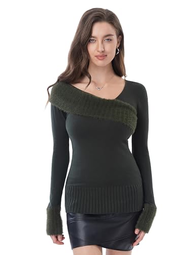 AmélieBoutik Women Asymmetric Neckline Faux Fur Trim Long Sleeve Fashion Casual Tunic Sweater Tops3