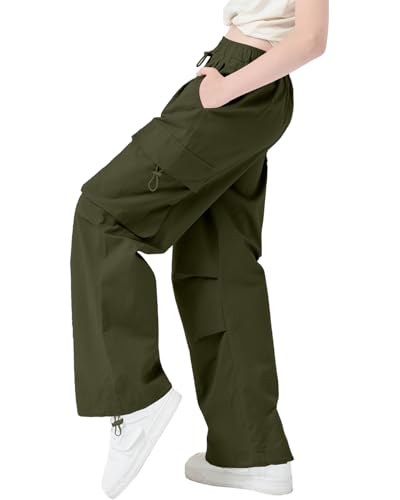 AOWKULAE Girls Cargo Pants Casual Drawstring Jogger Sportswear Parachute Pants3