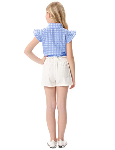 Image of Girls Sleeveless Plaid Button Down Shirt Summer Crop Tops Tie Knot Ruffle Sleeve Shirt Blouse 3-12Y