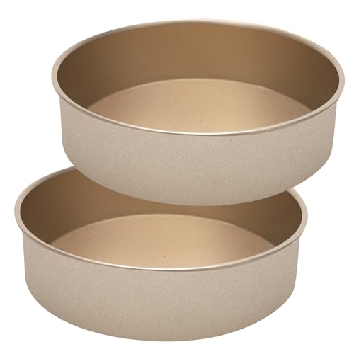 IVEOPPE Lot de 2 moules à gâteau, ronds, en acier inoxydable, avec revêtement antiadhésif, pour gâteaux, brownies, gâteaux, lasagnes, dorés
