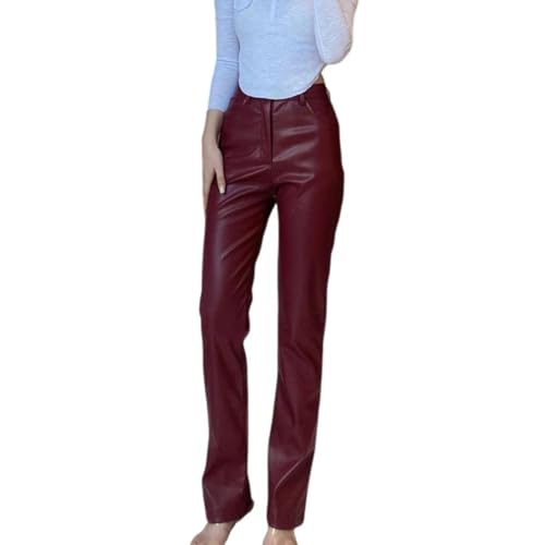 Women's Faux Leather Pants High Waisted Straight Leg PU Trousers Soft Relaxed Fit Leather Pants with Pockets